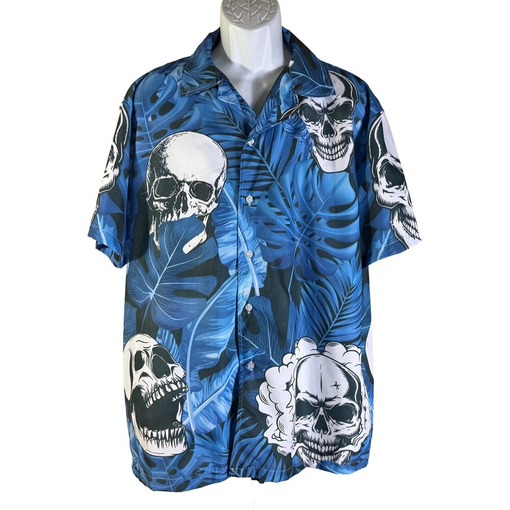 Unbranded Men's Short Sleeve Button Down Skulls Floral Polyester Shirt Blue‎ XXL